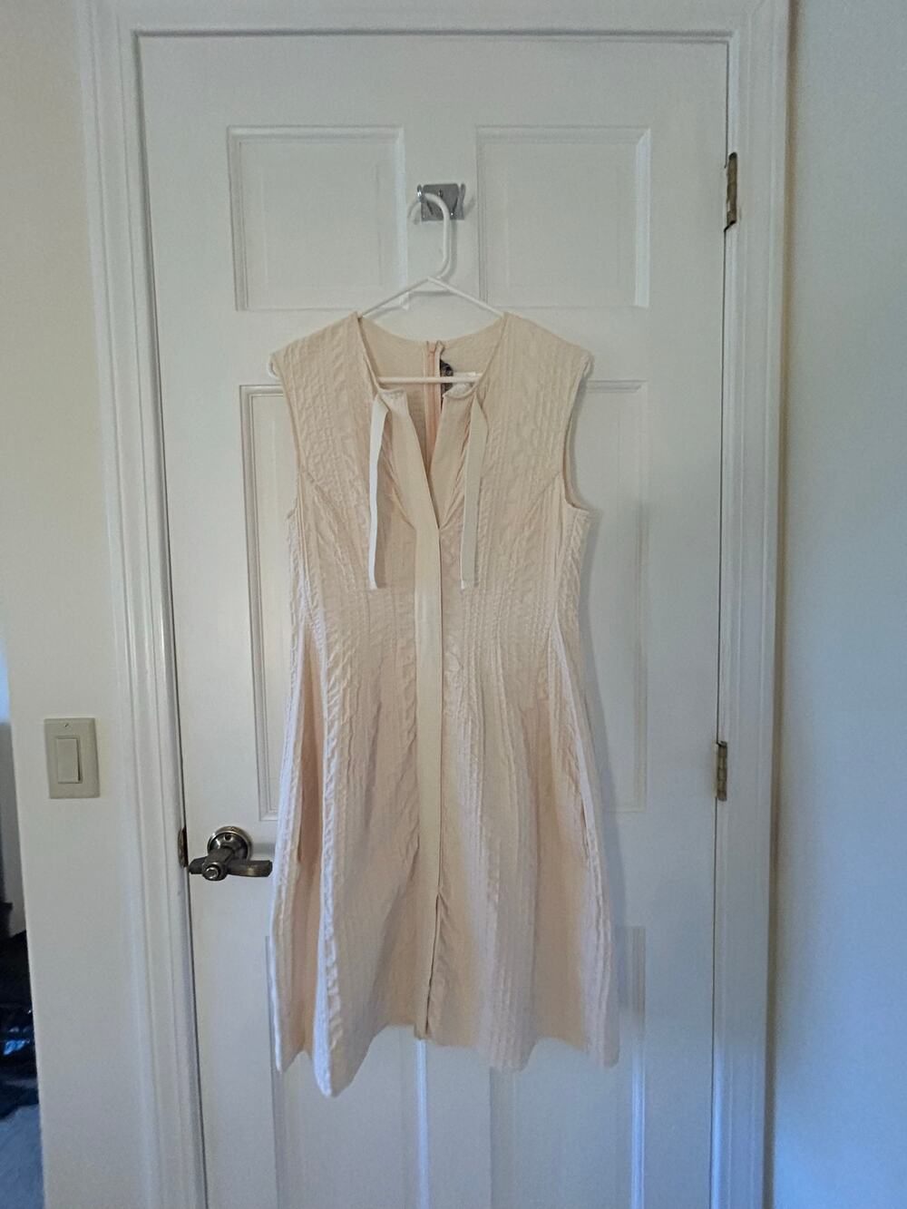 Sportmax Max Mara Ivory Textured Cotton Ramie Tie Neck Midi Dress US 12